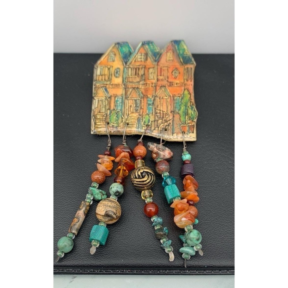 Vintage Artisan Enameled Paper Mache And Beaded Brooch